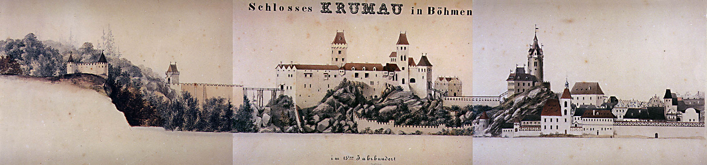 Period pictorial representation of the constructional development of Český Krumlov Castle