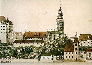 Zeitgenössische Abbildung des Schlosses Český Krumlov (16. Jahrhundert) - Detail  