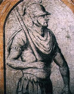 Detail der Malerei auf dem III. Hof des Schlosses Český Krumlov, antiker Kämpfer 