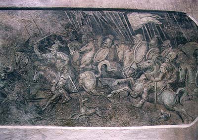 Detail der Malerei auf dem III. Hof des Schlosses Český Krumlov, Schlachtszene 