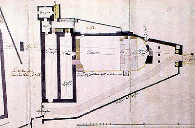 Plán z roku 1760 dokládající dispozici zámeckého divadla v Českém Krumlově v 17. století 