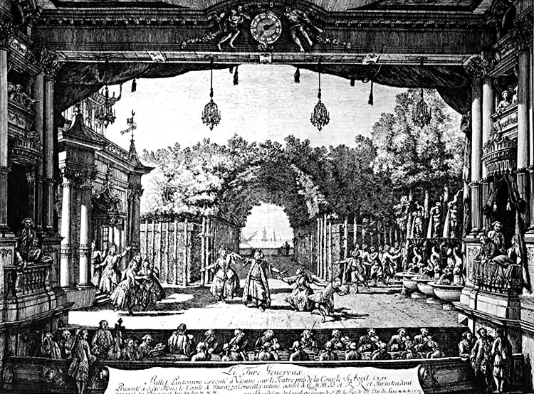 Orchesterraum des Schlosstheaters in Český Krumlov, grafisches Blatt mit dem Orchesterraum und der Szene im Jahre 1758