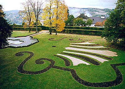 Detail des unteren Gartens auf dem Schloss in Český Krumlov nach der Rekonstruktion im Jahre 1970 