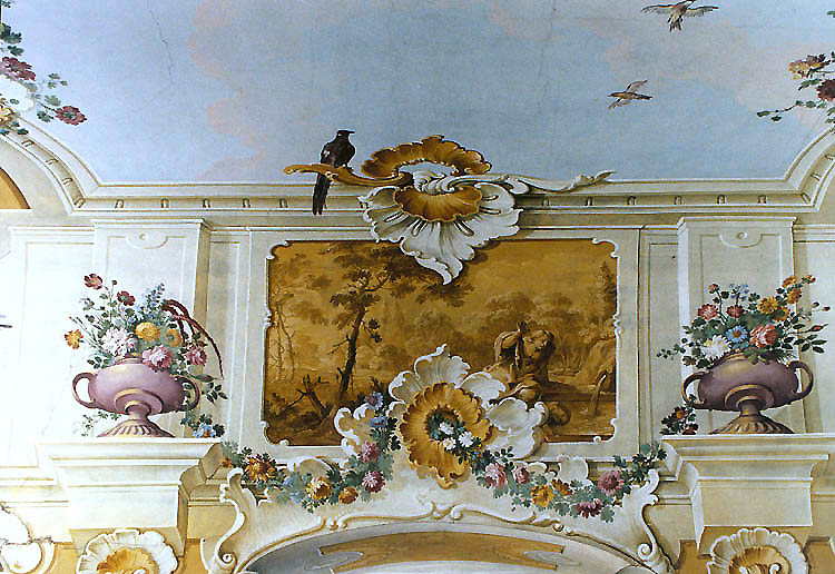 Summer Manor Bellarie in Český Krumlov Castle Gardens, painted decorations - František Jakub Prokyš, second half of 18th century, detail of ceiling decoration on upper floor - floral garlands and birds