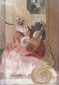 Letohrádek Bellarie v zámecké zahradě  v Českém Krumlově, malířská výzdoba - František Jakub Prokyš, 2. polovina 18. století, detail výzdoby stěn dolního patra, alegorie svobodných umění - hudba 