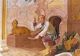 Letohrádek Bellarie v zámecké zahradě v Českém Krumlově, malířská výzdoba - František Jakub Prokyš, 2. polovina 18. století, detail výzdoby stěn dolního patra, muž s vínem v zahradě 