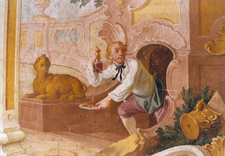 Summer Manor Bellarie in Český Krumlov Castle Gardens, painted decorations - František Jakub Prokyš, second half of 18th century, detail of wall decorations on the lower floor, man with wine in gardens