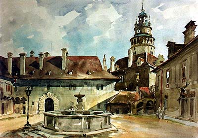 2nd courtyard of Český Krumlov Castle, watercolor 