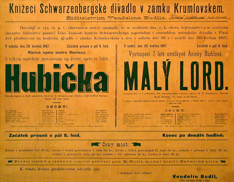 Plakat des Auftritts der Schauspielergesellschaft von Vendelín Budil im Schlosstheater, 1897, Foto:Lubor Mrázek