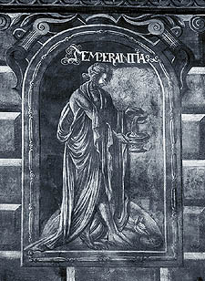 Temperancie, nástěnná malba na fasádě Nového purkrabství, stav po restaurování v roce 1998, foto: Mgr. Lubor Mrázek 