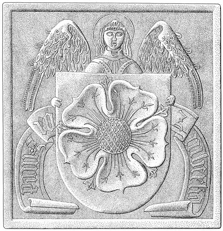 Engel Wappenträger mit dem Wappen der Herren von Rosenberg, Český Krumlov – Burg, Zeichnung Jan Votava, 1998