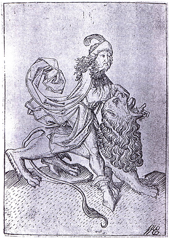Samson is killing a lion, a copperplate engraving by Master craftsman ES