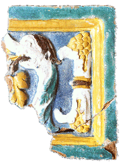 Buntglasierte Ofenkachel mit einem allegorischen Motiv (Schloss Český Krumlov, 16. Jahrhundert), Fund von der archäologischen Untersuchung im Jahr 1995, Foto: Michal Ernée, 2000 