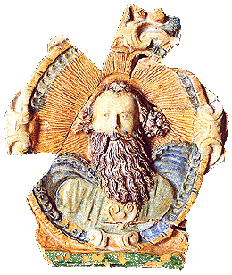 Buntglasierte Bekrönungskachel, verziert mit dem Relief Gottes des Vaters (Schloss Český Krumlov, 16. Jahrhundert), Fund von der archäologischen Untersuchung im Jahr 1995, Foto: Michal Ernée, 2000 