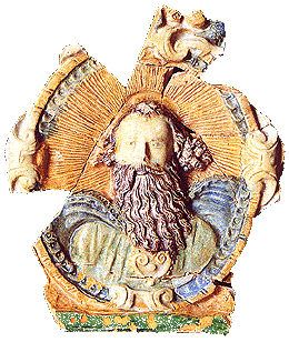 The coloured glazed stove tile extension ornamented with the Father God relief (the Český Krumlov Chateau, dating from the 16th century); the date of finding: 1995 during the archaeological research, foto: Michal Ernée, 2000 