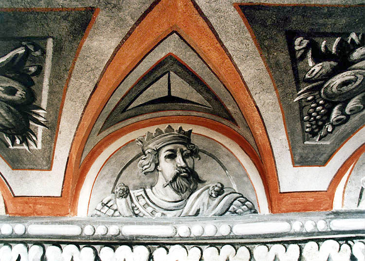 Schloss Nr. 59 - Kleine Burg, Detail der Wandmalerei an der Fassade des Objektes, 