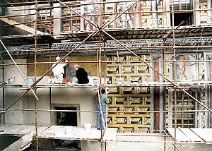 Chateau No. 59 - Lower castle, restorers Říhová and Novotný during reconstruction of mural painting, foto: Ing. Ladislav Pouzar, 1998 
